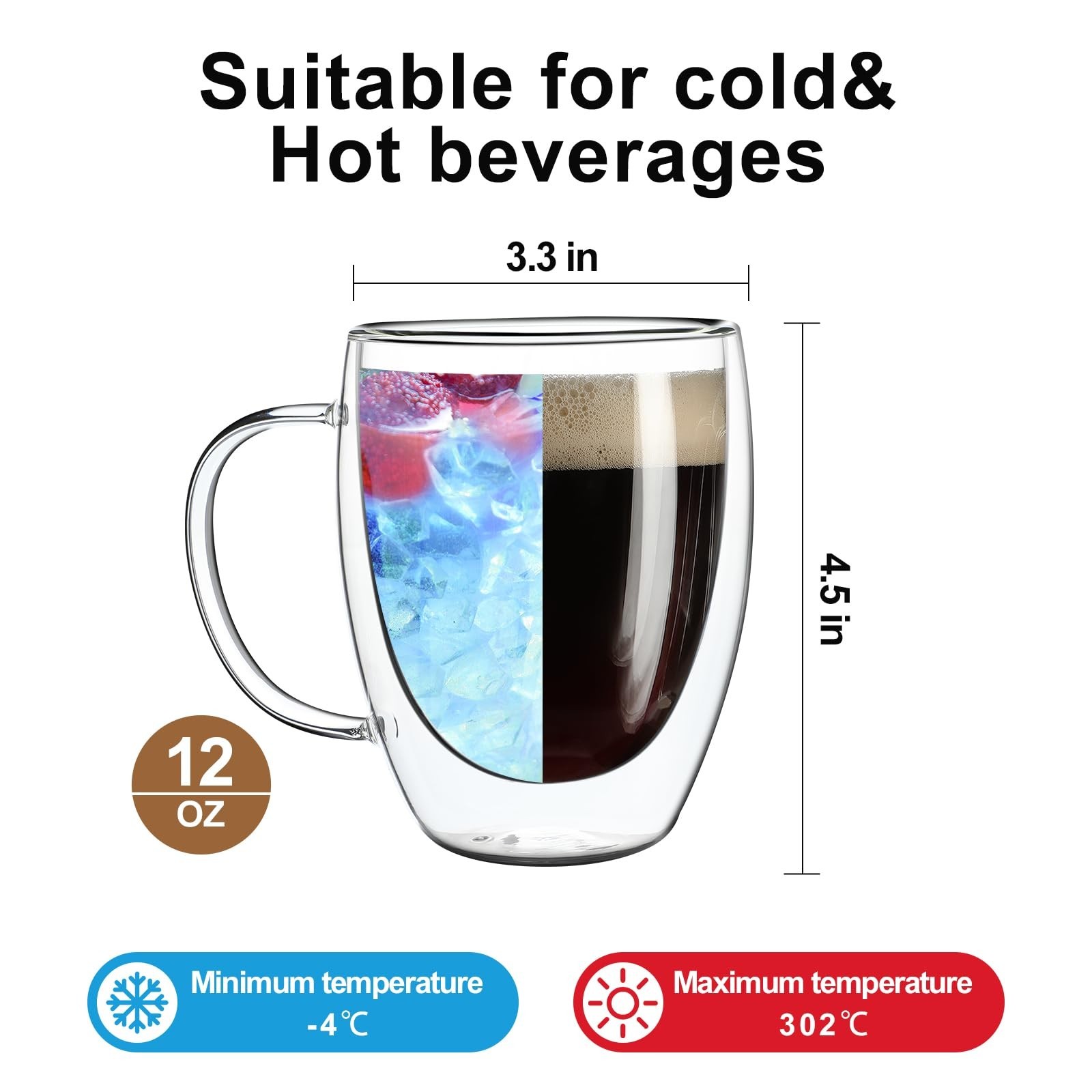 Aurzen 2 Pack Double Walled Glass Coffee Mugs with Handles, Large Insulated L...