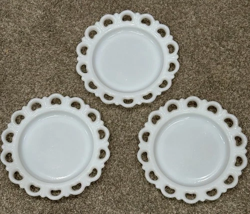 Lot Of 3 Vintage Anchor Hocking Old Colony Open Lace 8" White Milk Glass Plates