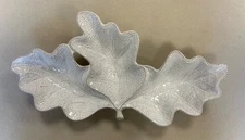Mud Pie Triple Oak Leaf Serving Dish / Tidbit Tray White Glazed Ceramic 