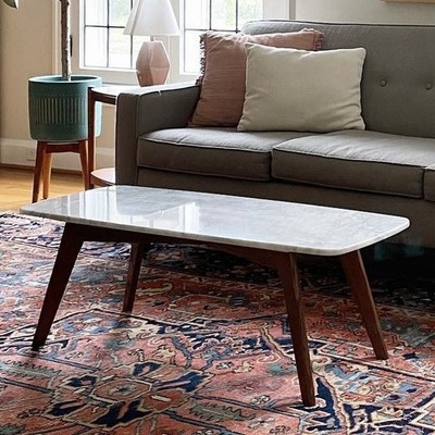 Mid-Century Modern Rectangular White Marble Top Coffee Table Dark Wood Legs