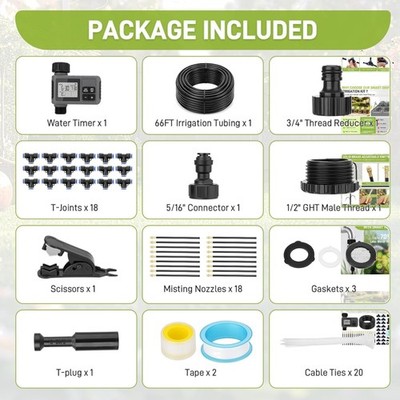Weather-Resistant 66FT Drip Irrigation Kit with Timer for Greenhouses & Lawns