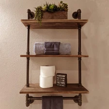 3 Tier Shelving Bathroom Pipe Shelves with Towel Bar Over Toilet, 24 inch Pin...