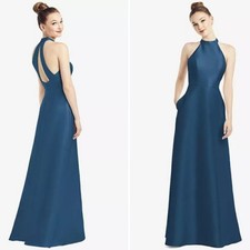 NWT Alfred Sung High Neck Cutout Satin Twill Gown Dress Size 14 & 2 D772 Pockets