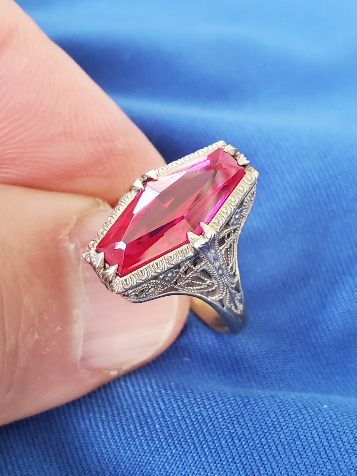 Vintage Deco Ruby Solid 14k White Gold Filigree S… - image 6