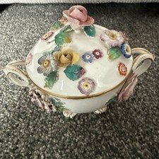 Vintage Coal Port ?? Lidded Porcelain Pot,  3D Floral Pattern, Double Handed