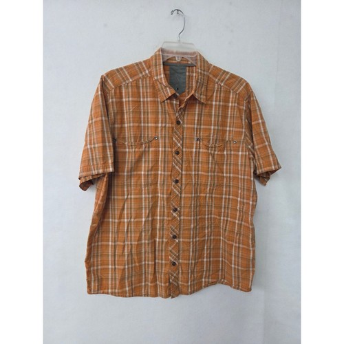 REI Button Up Shirt Mens Large Orange Plaid Short Sleeve Hiking Ventilated