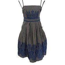 Anthropologie Floreat Grey Cotton Embroidered Boho Pleated Dress Cottage Retro