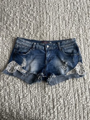 Miss two low rise denim shorts hot pants with lace insert size uk 8 10 festival