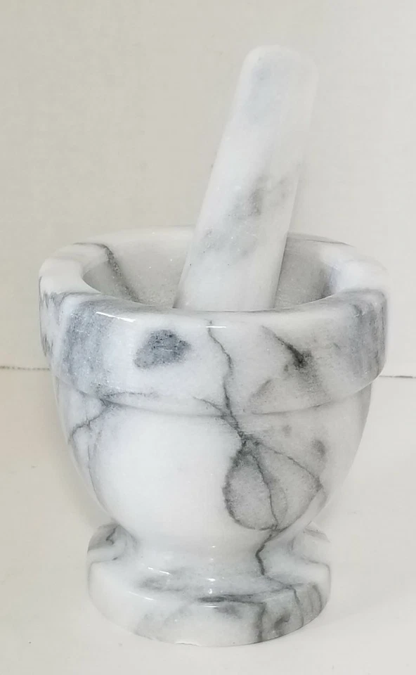 Аптекарская ступка и пестик мрамор высотой 4 дюйма серая/белая травяная медицина - Изображение 3 из 4
