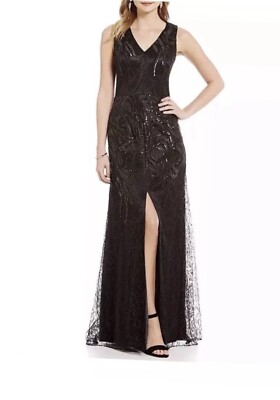 DAVID MEISTER Black Gown, Sequin, Embroidered, Lace, V-Neck, Size 14.