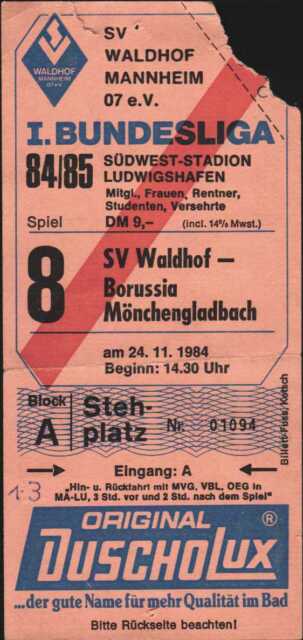 2805 Ticket Bl 84/85 SV Waldhof Mannheim - Borussia Mönchengladbach 24.11.1984