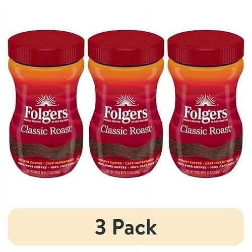 (3 pack) Folgers Classic Roast Instant Coffee, 12 oz Jar, Black Coffee, Medium