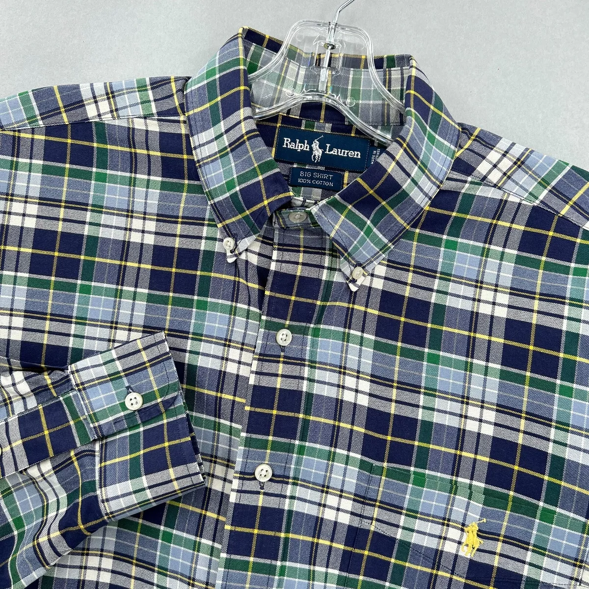 Polo Ralph Lauren BIG Shirt Mens Large Button Up Blue Green Tartan