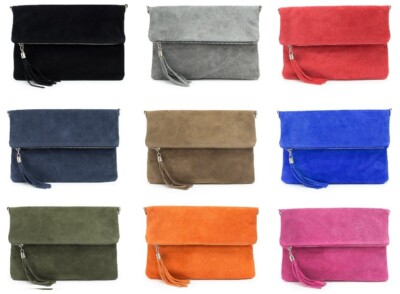 Fold Over Plain Suede Leder Clutch Crossbody Leder Handtasche Schultertasche Neu