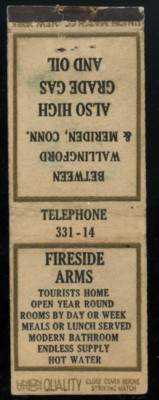 UNION MATCH QUALITY / Fireside Arms gas & oil, Connecticut matchbook BOBTAIL
