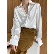 Hot Women Satin Shirt Blouse Tops V-Neck Long Sleeve Plain Workwear Casual Party