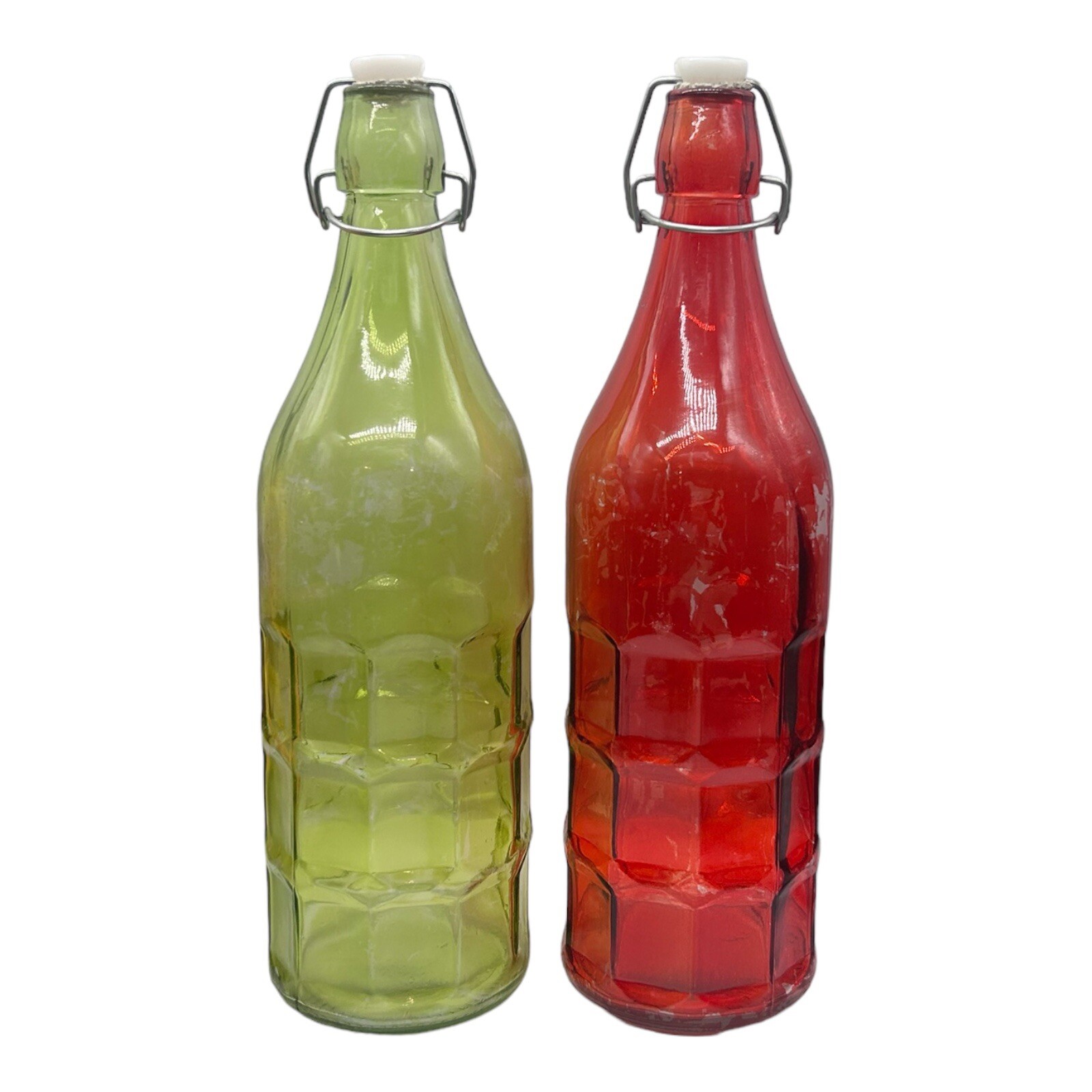 Set of 2 Vintage Glass Decorative Bottle Red & Green Raised Square Design 12"