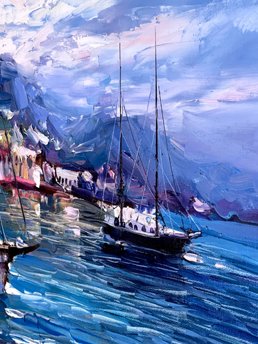 Oil Painting Sea Boats Yachts Ships Marine Seaside Sky Sunny Day Ukraine Art - Picture 6 of 12