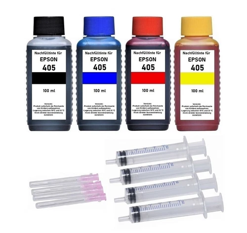 ✅ Nachfüllset 4 x 100 ml Nachfülltinte für Epson 405 + 405XL Druckerpatronen
