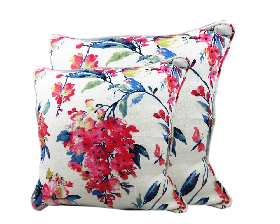 Pillow Covers 22 x 22 Set of 2 Floral Pink Red w Cording Square Piping Cushion - Image 3 of 3