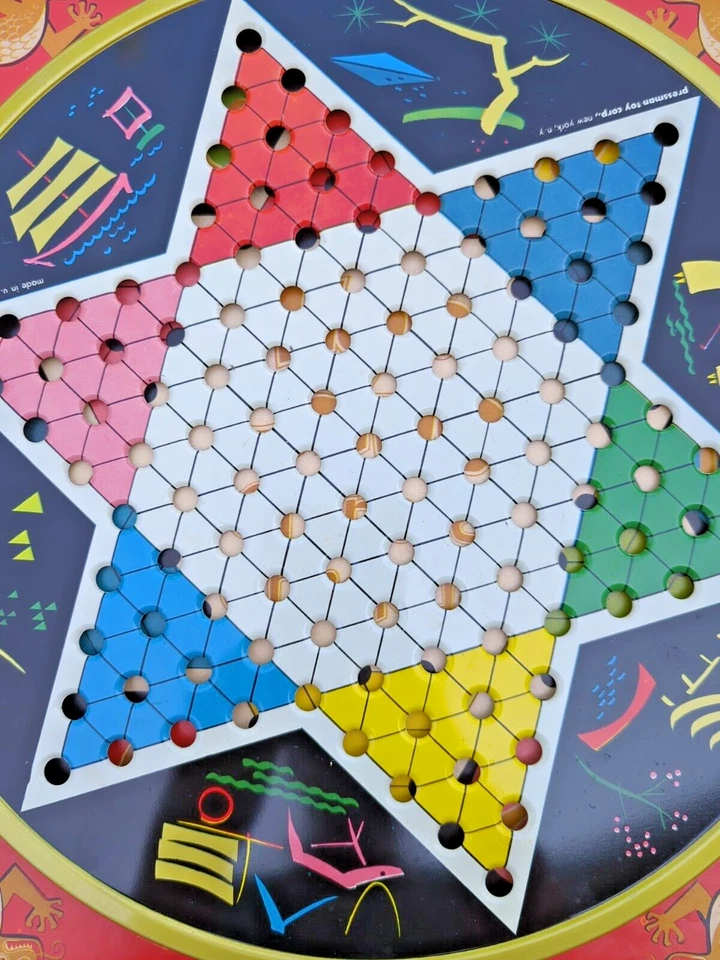 Vintage 1950's Hop Ching Chinese Checkers Tin Litho Game W/Box USA No Marbles! - Image 4 of 4