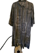 Chelsea & Theodore Dress 1x Tencel Grey White Print Button Down Front 