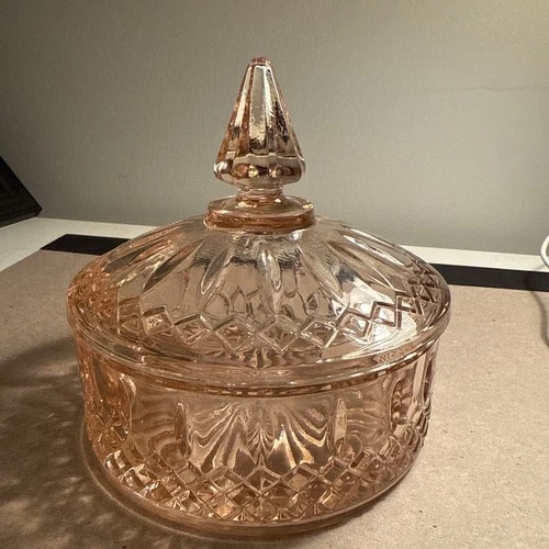 Pink Depression Glass-Indiana-Candy Dish Diamond  Princess Powder Box w Lid Vtg