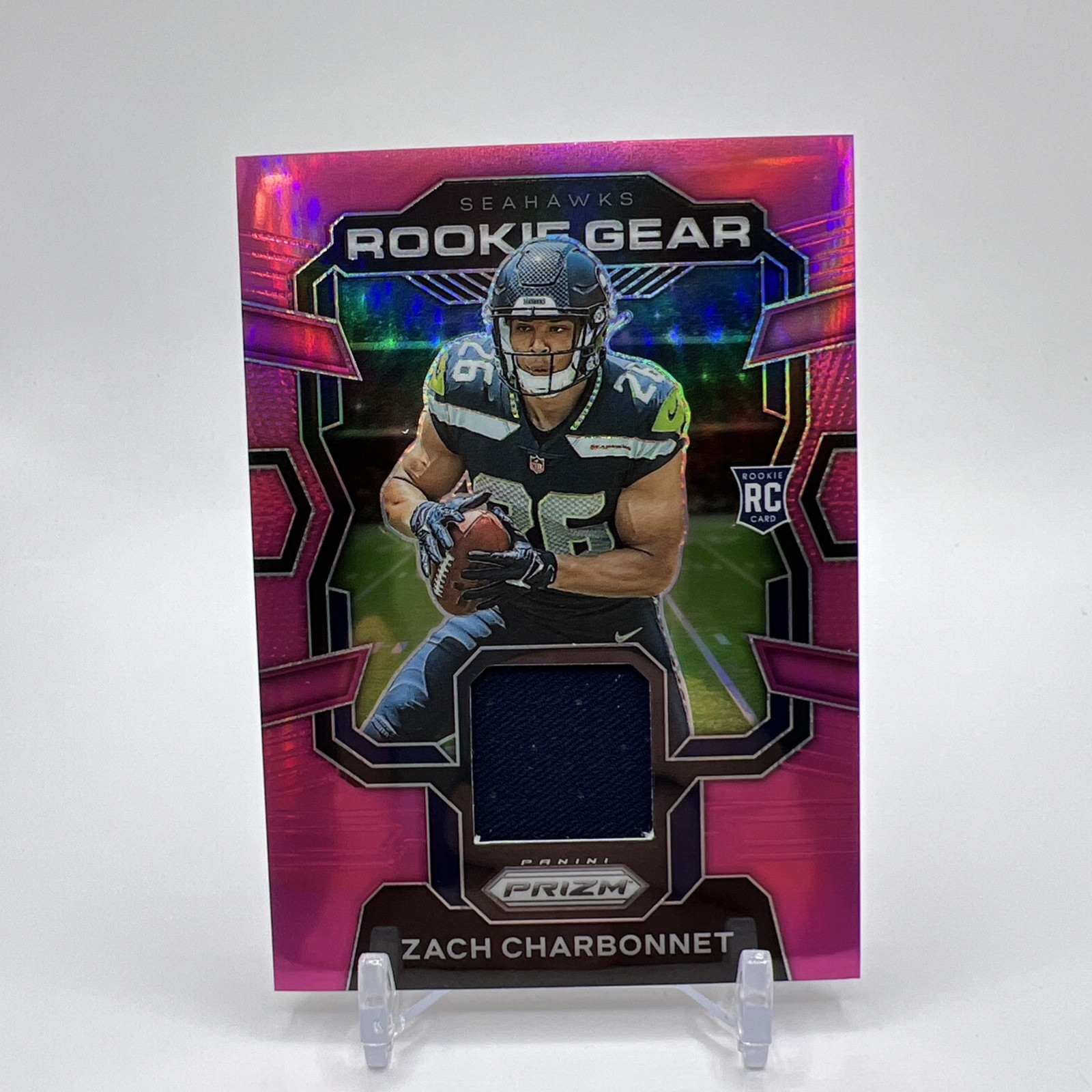 2023 Panini Prizm #RG-ZC Zach Charbonnet RC Rookie Gear Pink Seahawks