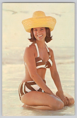 Postcard Striped Bikini Woman Straw Hat Beach Pin-Up Kneeling Pose Cute Ain't It