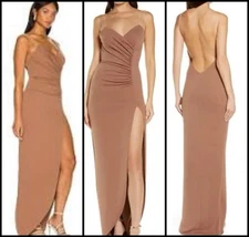 Katie May Collette Sheer Strap Sweetheart Neck Slit Cocoa Elegant Formal Gown M