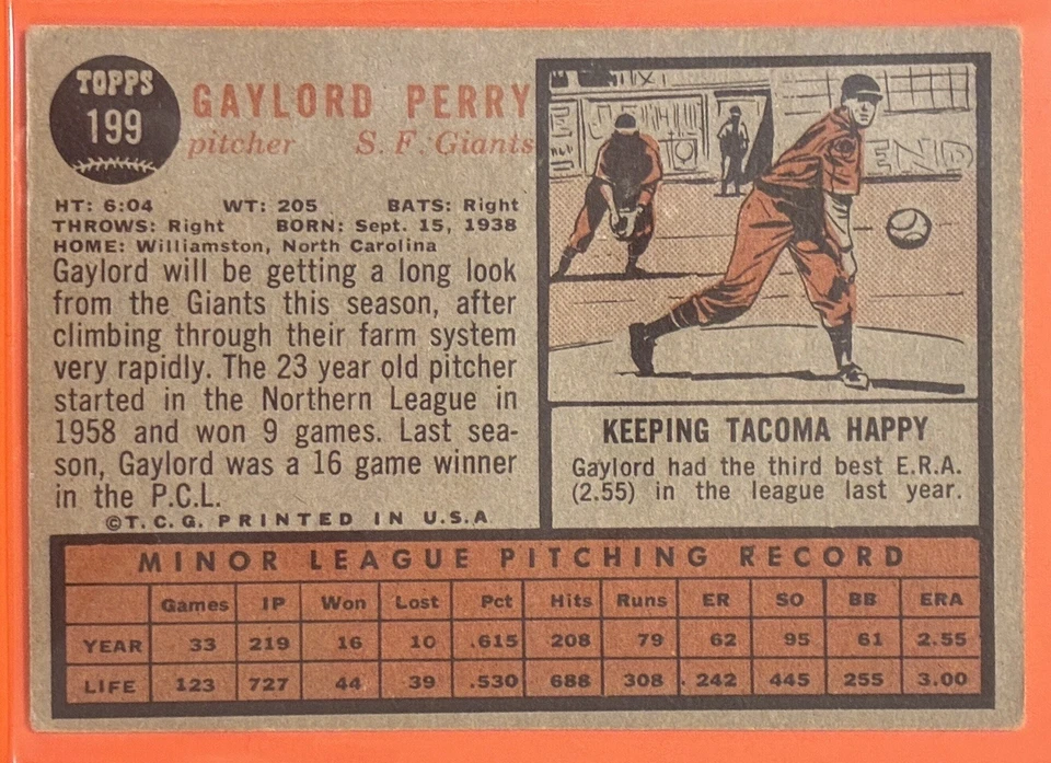 1962 Topps Gaylord Perry Rookie RC #199 Vintage Baseball Giants Salón de la fama Foto 2 de 2