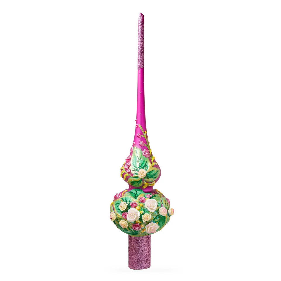 Dimensional Pink Roses on Purple Mouth Blown Glass Tree Topper 11 Inches - Image 2 of 3