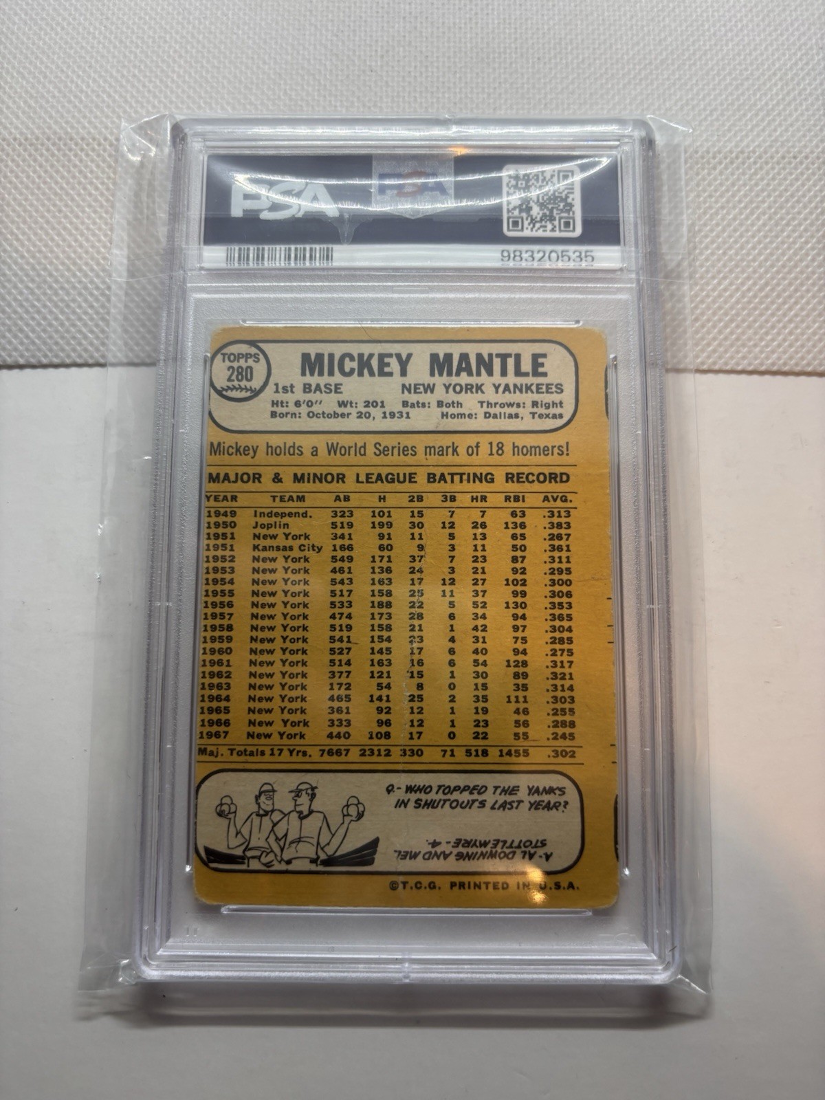 1968 Topps Mickey Mantle PSA view 3