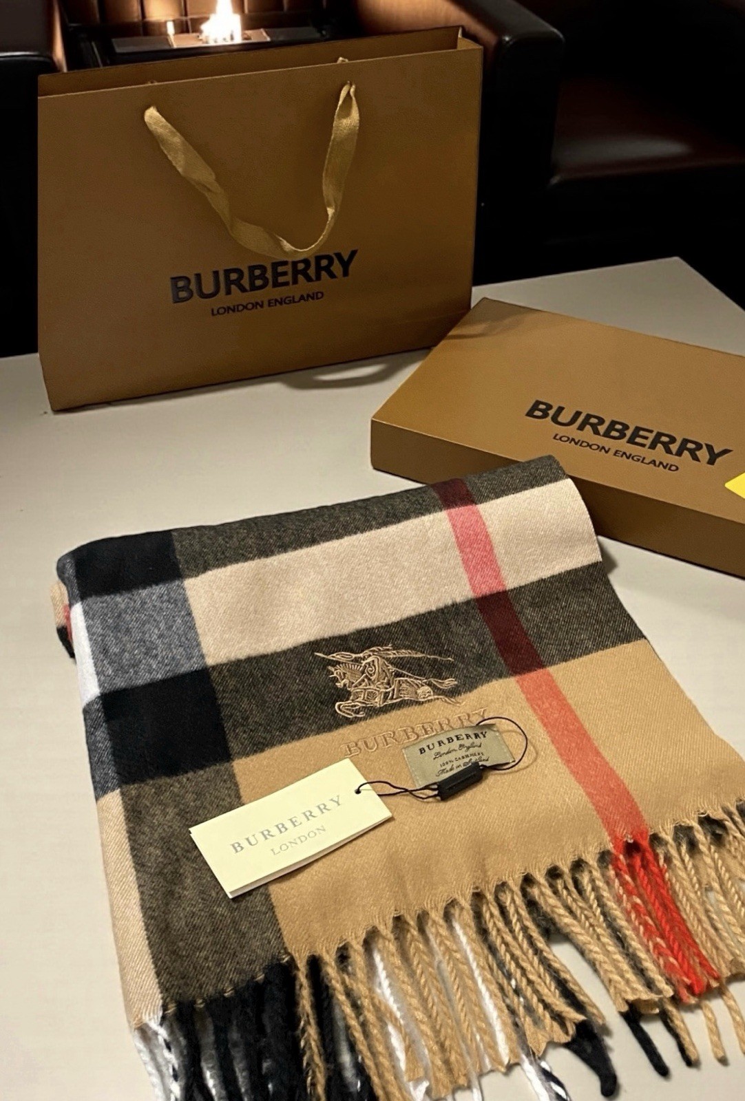 Burberry Classic Check Cashmere Scarf - Camel - New with Box & Shopping Bag