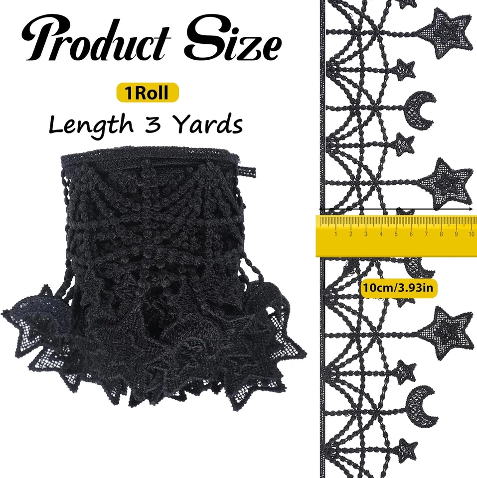 3 Yards Black Embroidered Lace Trim with Stars for DIY Sewing Crafts - Image 2 of 4