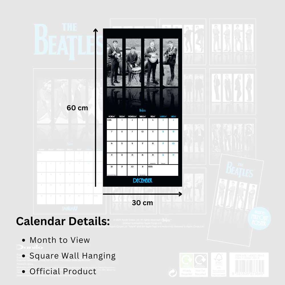2026 Vertical Wall Calendar The Beatles Monthly View Square Official Product