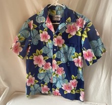 Vintage Ui-Maikai Blue Pink Flower Barkcloth Hawaiian Shirt Button Up Mens M
