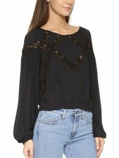 Free People Geometry Lessons Black Lace-Trim Long Sleeve Blouse