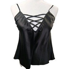 Frederick's of Hollywood Satin Lattice Lace Up Cami Top Black Size L NWT