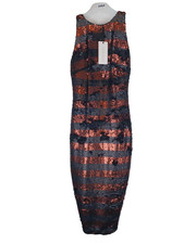 NEW Lavish Alice Womens Full Sequin Midi Dress Size 8 Black Bronze Stripe