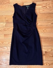 Lauren Ralph Lauren Sleevelesss Dress Ruching Cocktail V-Neck Office Navy Sz 10