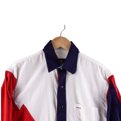 Western Express Pearl Snap Shirt Mens M Red White Blue Color Block Long Sleeve