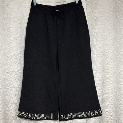Double Take Pants Women's High Waist Wide Leg Pearl Cuff Black Crop-Size 2XL