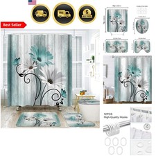 Shower Curtain Set Bathroom Decor Floral Waterproof 71x71in with Rug Hooks