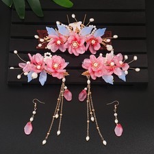 Chinese Hanfu Glass Hair Clip Set Tassel Hairpin Vintage Style Costume Hair