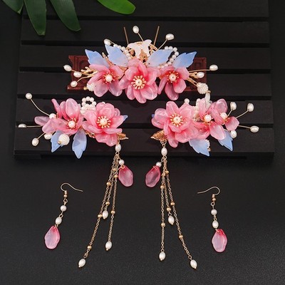 Chinese Hanfu Glass Hair Clip Set Tassel Hairpin Vintage Costume Hair Accessory