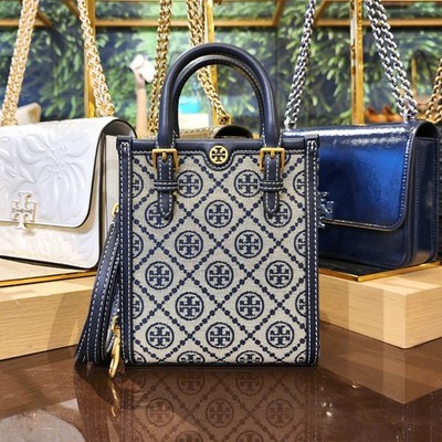 Authentic Tory Burch T Monogram Navy Mini N/S Tote Crossbody Purse Bag 87146