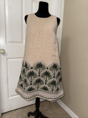 Nicole Miller Y2K Linen Mini Dress Sz S Sleeveless Beige Palm Tree Border Design