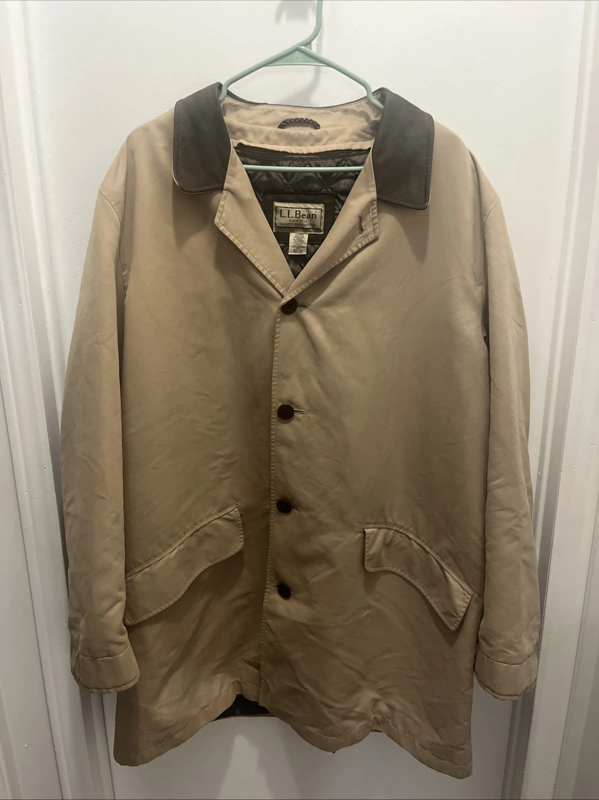 L.L. Bean Men’s Removable Lined Button Up Overcoat Jacket Khaki XL Dress work