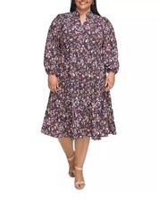 Clearance Plus Size 20W Jessica Howard Long Sleeve Midi Dress Rayon Floral Navy